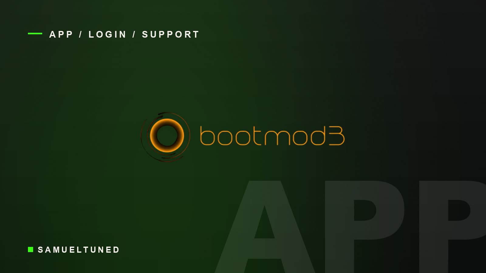 Bootmod3 (bm3) logo on a dark SamuelTuned graphic, app login and support