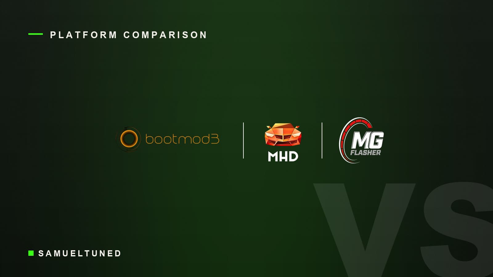 Bootmod3, MHD and MG Flasher logos on a SamuelTuned platform comparison graphic