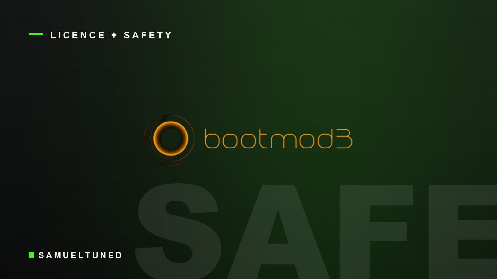 Bootmod3 (bm3) logo on a dark SamuelTuned graphic, licence and safety