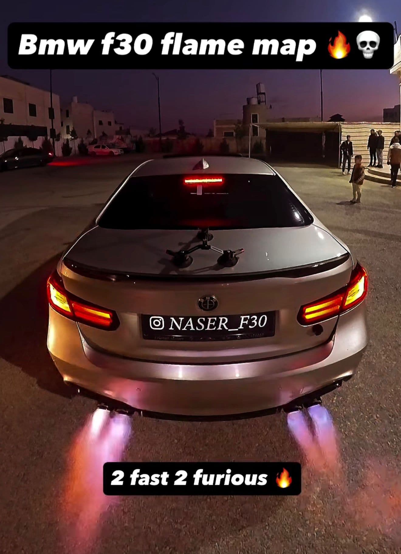 Silver BMW F30 340i cracking flames in Palestine, '2 fast 2 furious' Instagram still